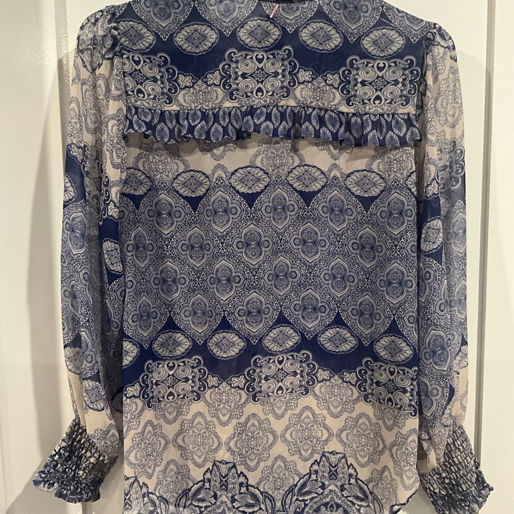 MISA Blue and White Patterned Blouse